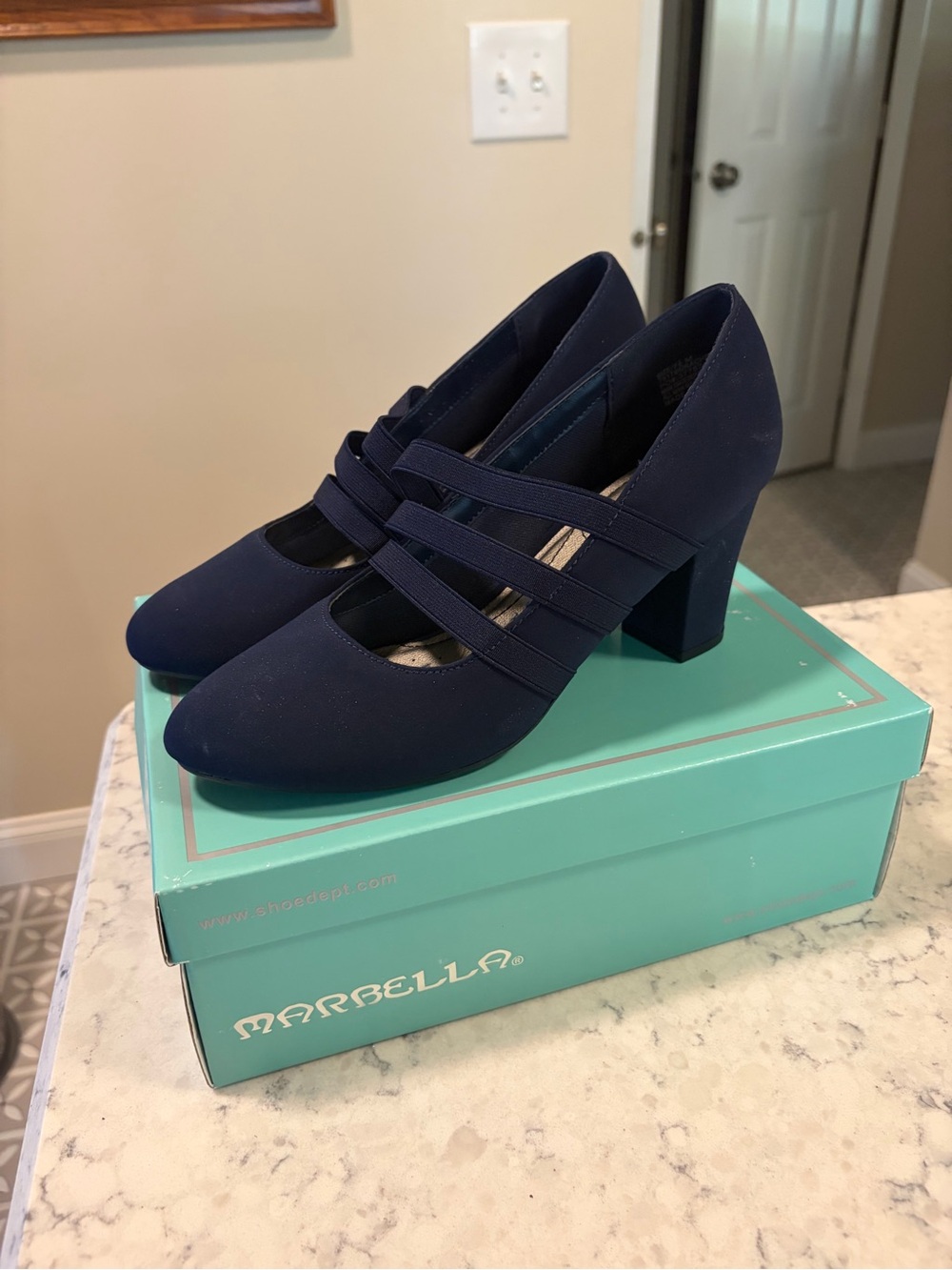 Marbella Navy Strappy Block Heel Pumps